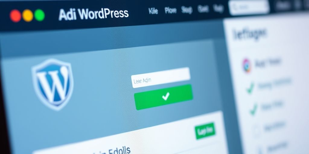 A close-up of a WordPress admin dashboard showing a shield icon, secure login screen, and green check marks, in a modern, clean UI with soft lighting.