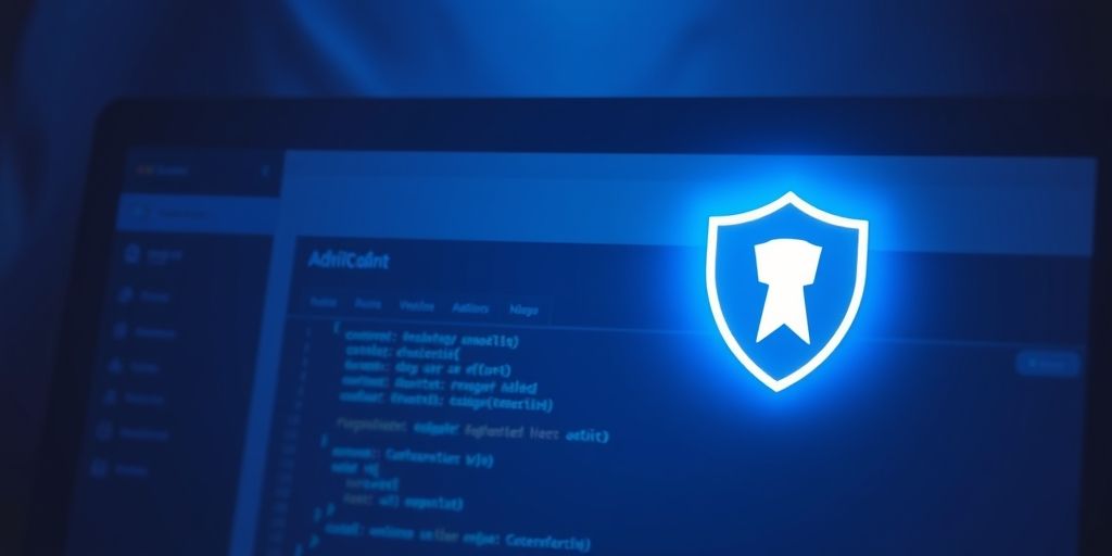 An elevated, cinematic shot of a secure WordPress admin panel with a shield icon, code glow, and a calm blue palette, emphasizing robust security.