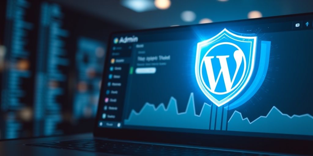 A dynamic, cinematic view of a secure WordPress admin dashboard with a glowing shield, coded blue background, and subtle bokeh lighting, emphasizing robust security.
