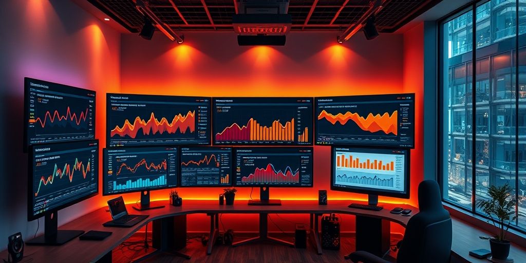A modern analytics studio with multiple screens displaying AI-driven user behavior heatmaps, funnel charts, and Persian UI design, warm ambient lighting, and a calm, focused atmosphere that conveys data-driven decision-making.