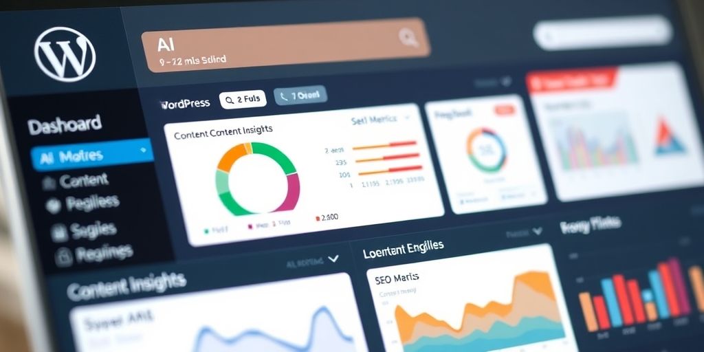 A close-up on a WordPress dashboard showing AI-powered content insights, SEO metrics, and a bilingual Persian-English interface, with clean UI and vibrant color accents.