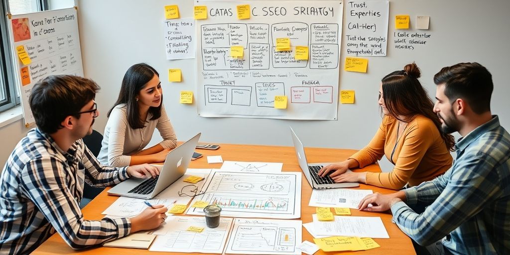 A diverse team collaborating on a data-driven SEO strategy, with charts, laptops, and sticky notes in Persian and English, emphasizing trust, expertise, and human-centered AI decisions.