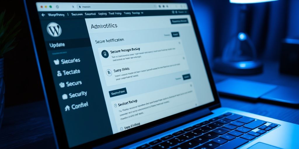 A close-up of a WordPress admin dashboard on a laptop, showing update notifications and a secure backup notification, with calm blue lighting and a tidy desk, conveying proactive security.