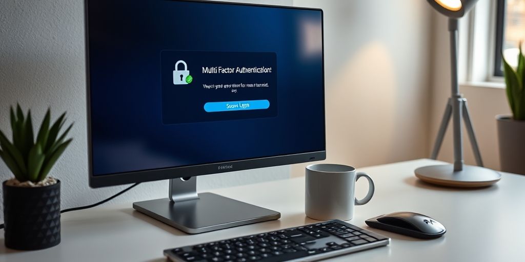 A modern office scene with a monitor showing a multi-factor authentication prompt and a secure login; keyboard, mug, and soft lighting.
