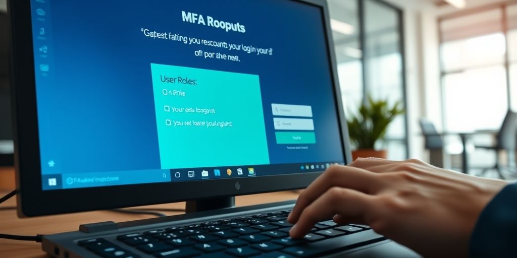 A macro shot of a person typing on a keyboard with MFA prompts on a monitor, showing user roles and secure login, with high-contrast text and modern office background.