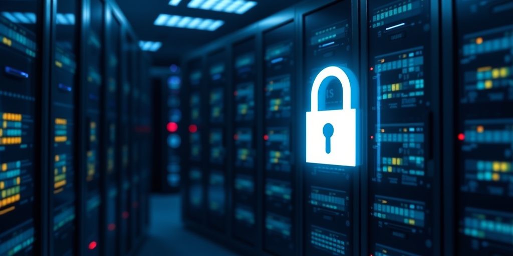 A server room with encrypted data visuals, glowing lock icons, and WordPress logo subtly integrated, illustrating encryption and database security.