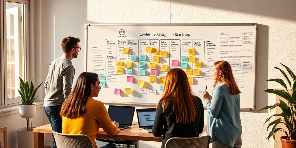 A team gathered around a whiteboard planning a content strategy for a startup, with colorful sticky notes, laptops, and a clear roadmap; warm daylight, collaborative atmosphere, and a sense of momentum.