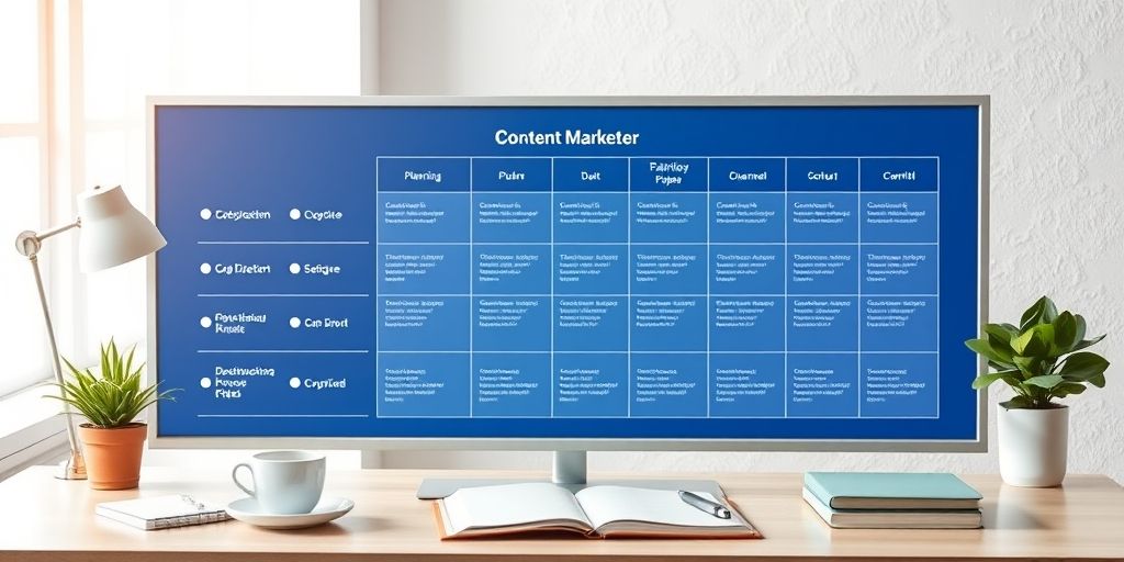 A content marketer planning pillars and distribution channels on a bright dashboard, surrounded by coffee cups, notebooks, and a calm office, illustrating a data-driven, human-centered approach to growth.