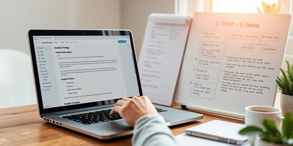 A person configuring WordPress SEO plugins on a laptop, with keyword research notes, a sitemap outline on a whiteboard, and a calm morning workspace with soft natural light.