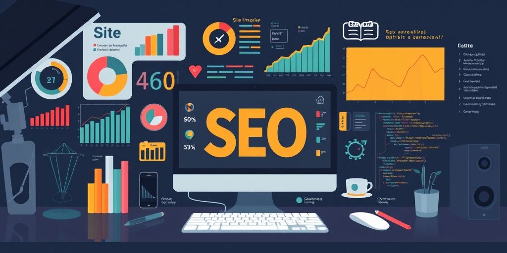 An engaging infographic collage of SEO metrics, site structure diagrams, and code snippets on a developer desk, illustrating data-driven optimization strategies with vibrant colors and clear labels.