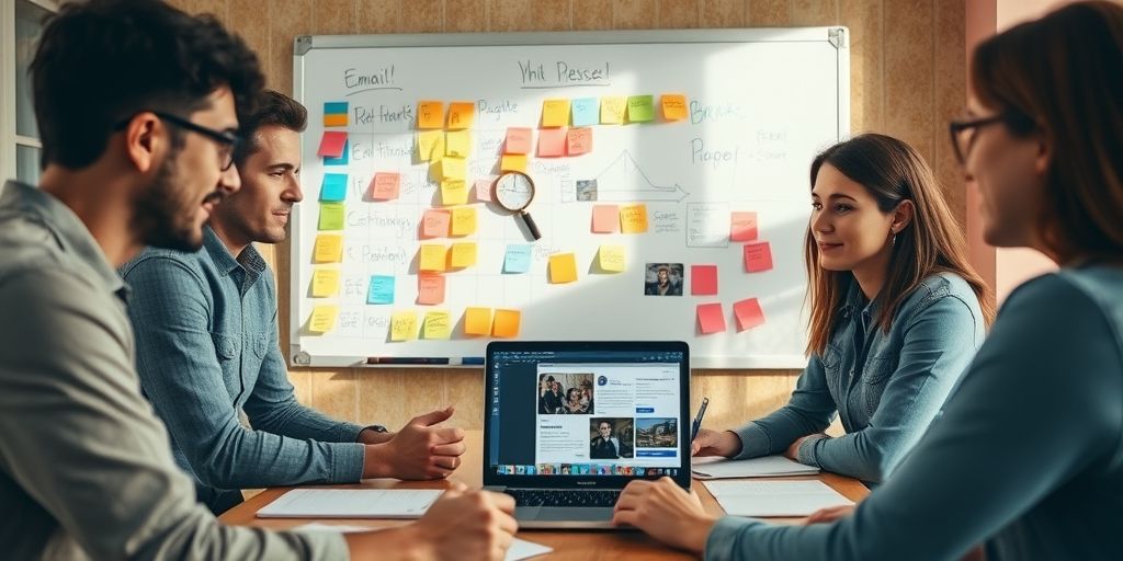 A vibrant startup team collaborating around a whiteboard filled with sticky notes, charts, and a laptop showing an email campaign, warm natural light, candid planning, and hopeful entrepreneurial energy.