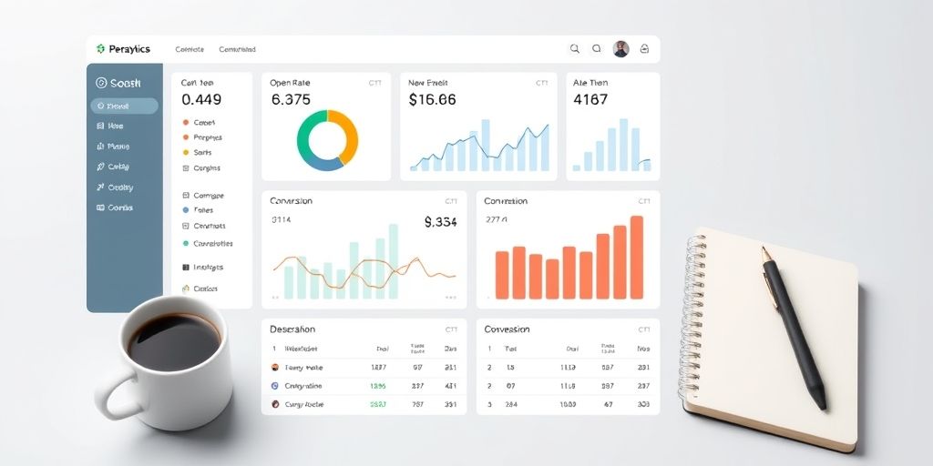 A data-driven dashboard showing open rates, CTR, and conversion metrics on a clean UI with Persian UI elements, a coffee cup, and a notebook, illustrating analytics behind email marketing.