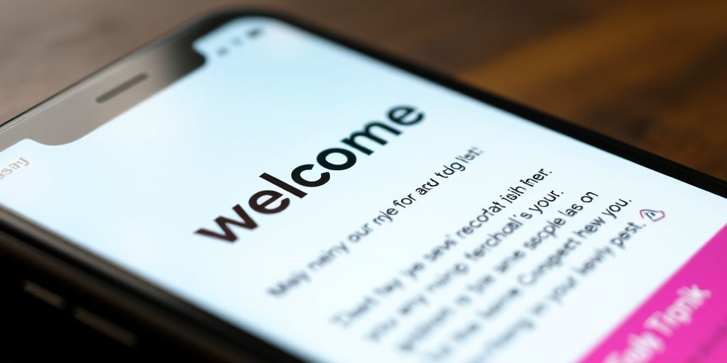 A close-up of a personalized welcome email on a smartphone screen, vibrant colors, friendly greeting, subtle brand visuals, and a human touch in the layout, conveying trust and loyalty.