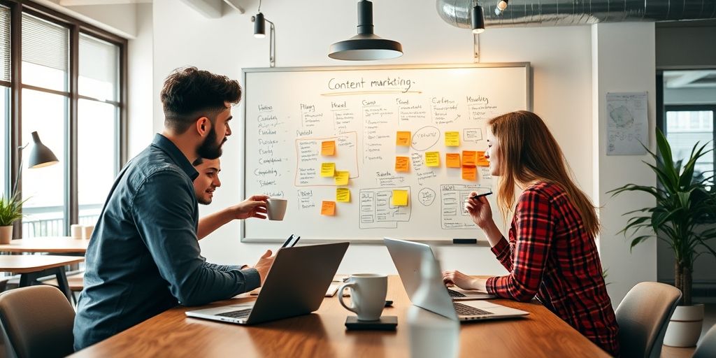 A startup team planning a content marketing strategy around a whiteboard full of diagrams and sticky notes, laptops and coffee in a modern coworking space with warm daylight, collaborative, energetic atmosphere.