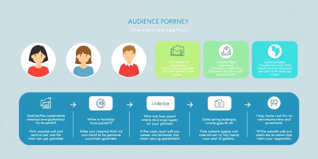 An infographic showing audience personas, customer journey, and messaging frameworks with friendly icons, Persian typography, bright colors, and clear arrows.