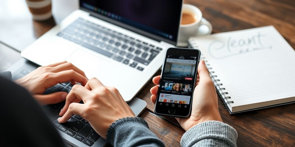 Close-up of a content creator typing on a laptop, notebook, coffee, and a phone showing social shares, conveying authentic storytelling and engagement.