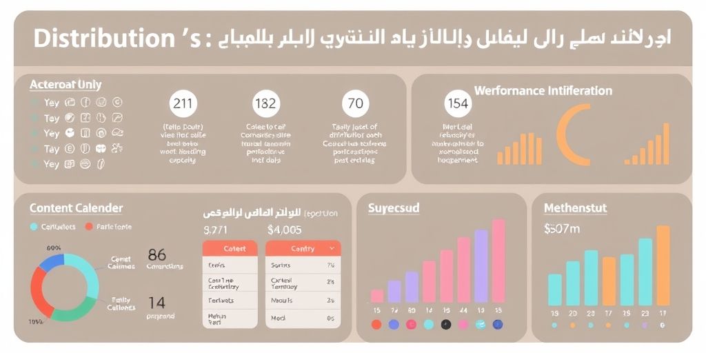 An infographic showing distribution channels, content calendar, and performance metrics with clean Persian typography and vibrant visuals.