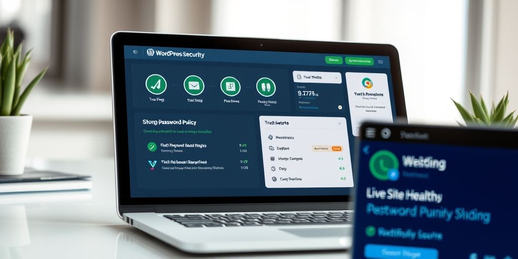 A close-up shot of a WordPress security dashboard displaying green trust badges, a strong password policy, and a live site health widget on a modern laptop, with clean desk, soft lighting, and a trustworthy atmosphere.