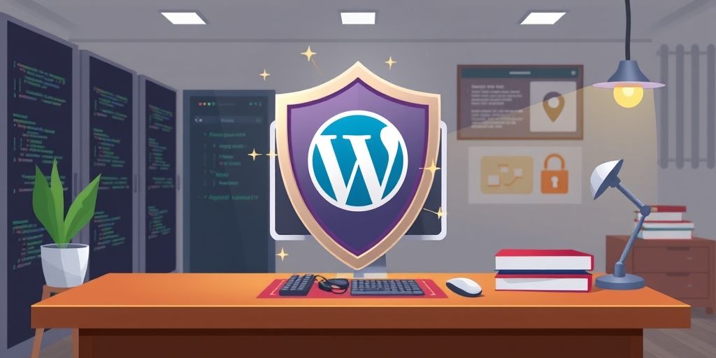 An illustration of a shield protecting a WordPress site, with code snippets and firewall visuals, set against a server room background and a calm Persian-themed desk to symbolize secure web hosting.