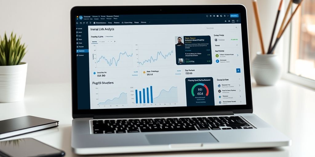A close-up shot of a WordPress dashboard on a laptop screen, showing internal link analysis graphs and an SEO plugin interface, with a clean desk and natural light to symbolize clarity in site structure.