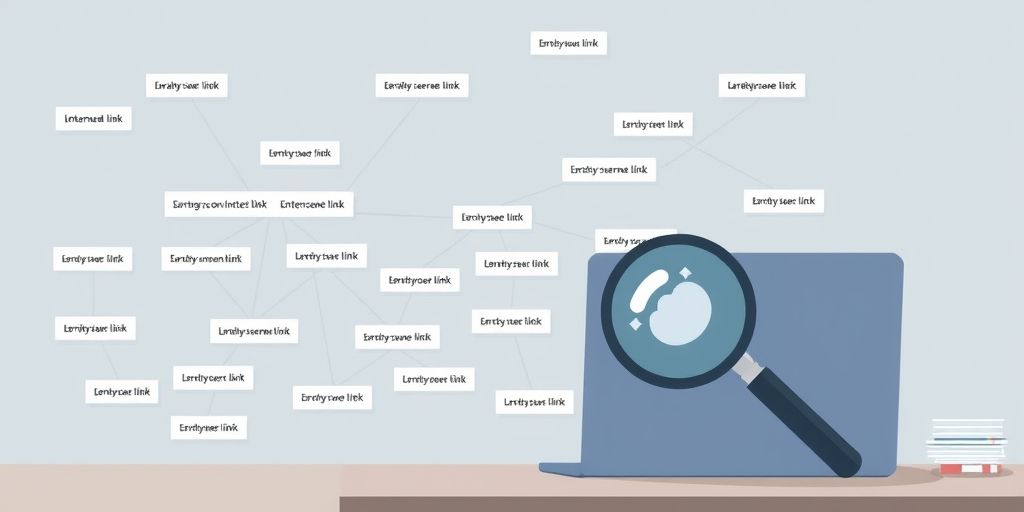 An illustrative scene of a sitemap with interconnected internal links, highlighted anchor texts, and a magnifying glass over a laptop, illustrating strategy planning for internal linking inside WordPress, with calm colors and clean typography.