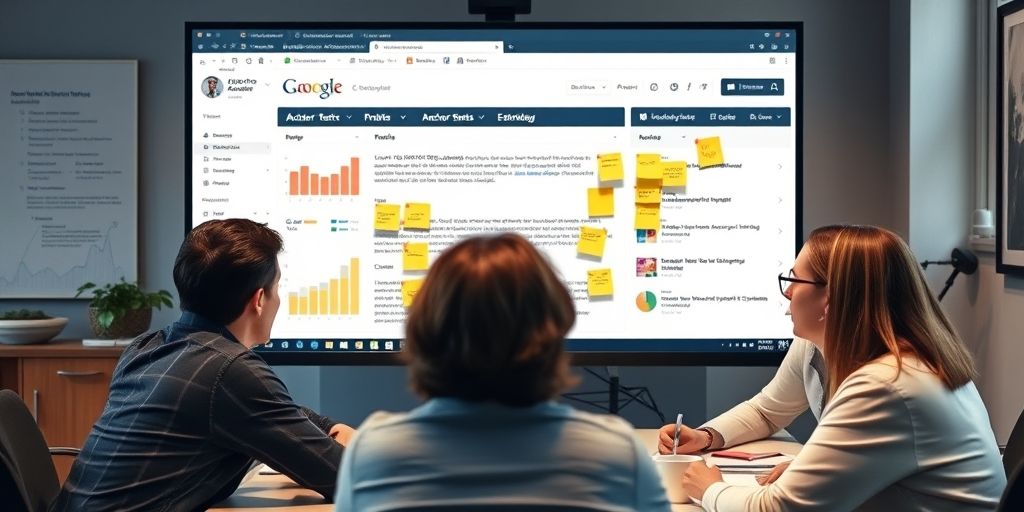 A collaborative team meeting around a large monitor displaying SEO metrics, anchor text strategy in a WordPress site, post-it notes with ideas, and a coffee cup, exuding teamwork and practical guidance for improving internal links.