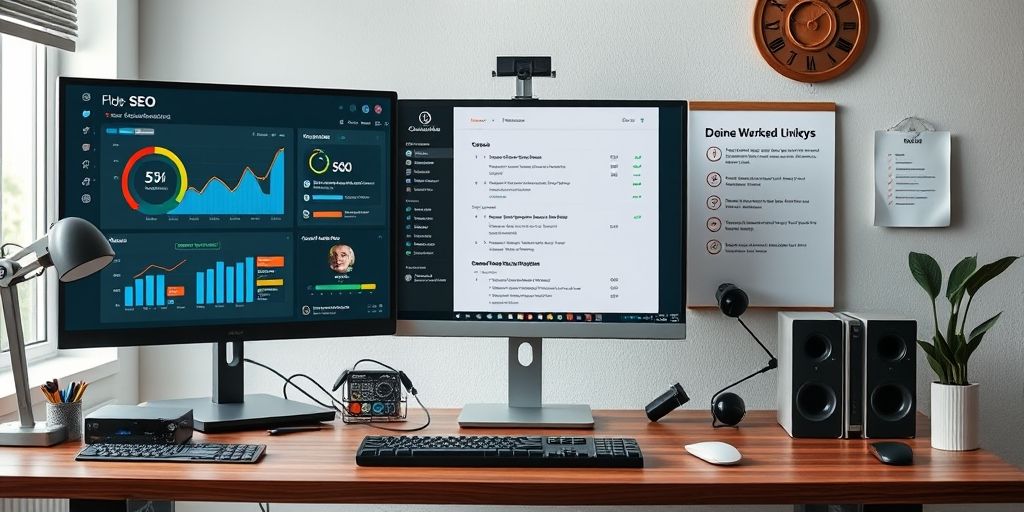 A focused workstation with a large monitor showing SEO dashboards, task lists, and a checklist, symbolizing proactive maintenance of internal links in a WordPress project.