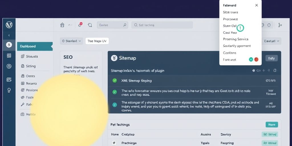 An illustrative screenshot of a WordPress dashboard showing an SEO plugin panel, highlighting a sitemap index, XML sitemap link, clean UI, modern typography, and warm ambient lighting to convey efficiency.