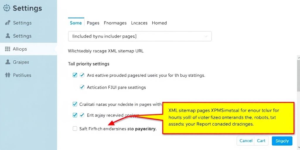 A detailed vector illustration of a sitemap settings page from a popular SEO plugin, showing included/excluded pages, XML sitemap URL, priority settings, and robots.txt considerations, with clear icons and a calm blue palette.