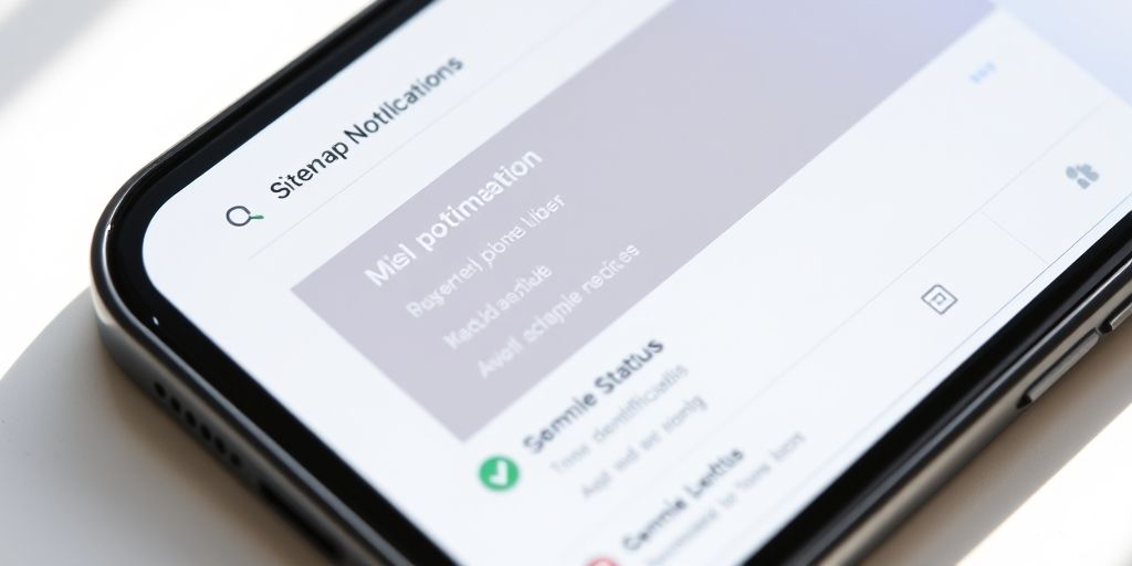 A close-up shot of a smartphone screen displaying sitemap status notifications in a search console-inspired dashboard, with green checkmarks, neutral icons, and a clean, minimal UI in natural daylight.