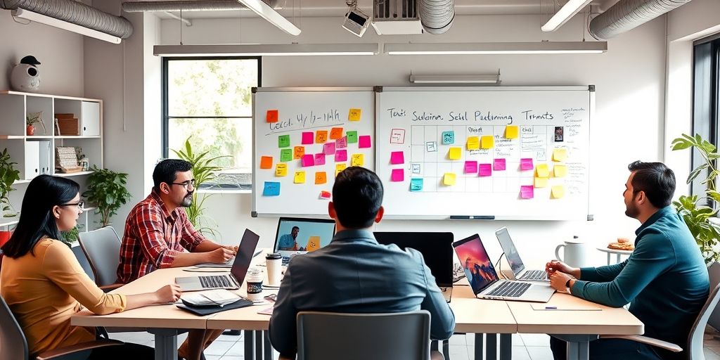 A vibrant desk setup of a Persian startup team brainstorming social media strategy, with a whiteboard, colorful sticky notes, laptops, and coffee, in a modern office with natural light, conveying energy, collaboration, and creative planning.