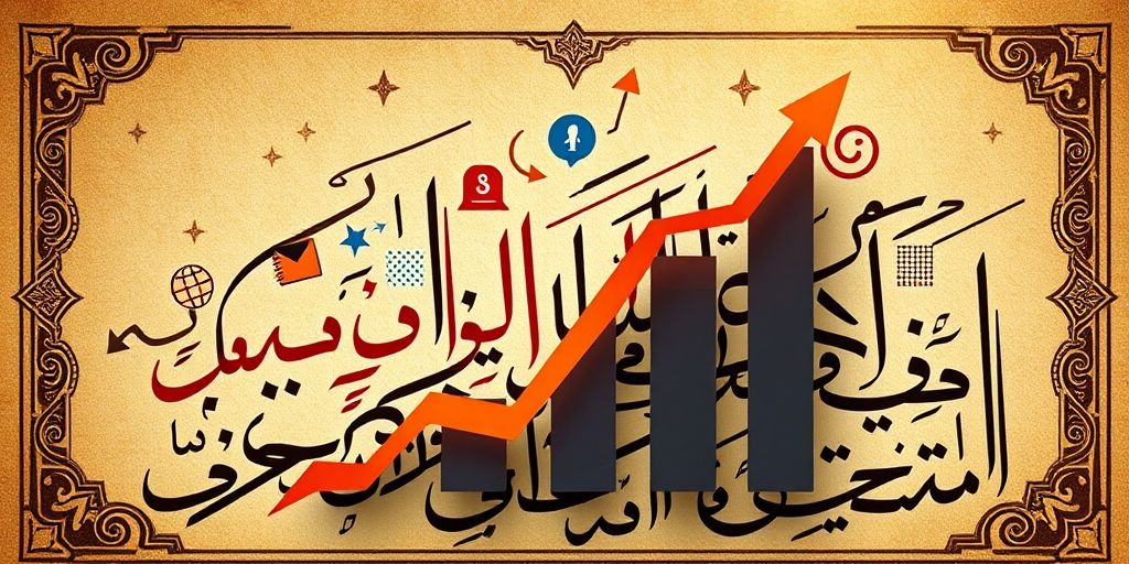 An abstract concept image showing growth charts, arrows, and social icons, overlayed on a stylish Persian calligraphy background, symbolizing brand elevation, trust-building, and data-driven decision making.