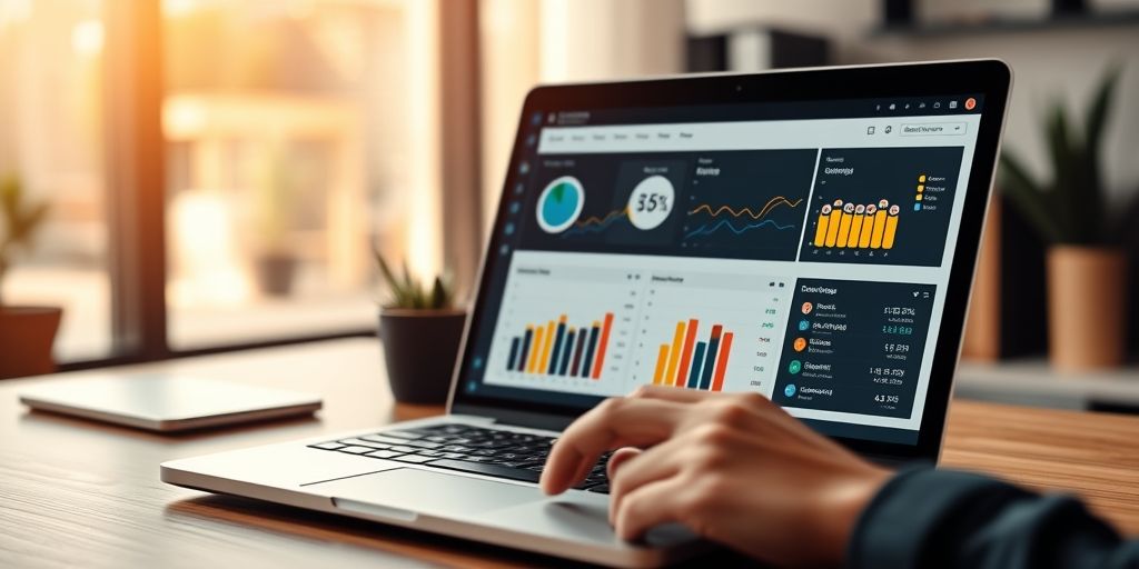 A modern workspace showing a laptop with a WordPress dashboard, speed graphs on screen, warm natural light, focused hands pointing at charts, clear depth of field, vivid colors, high detail