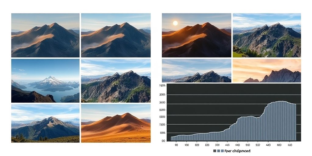A high-resolution collage of optimized web images: WebP icons, responsive image sizes, lazy loading placeholders, and a comparison graph showing speed improvements, bright and clean aesthetic