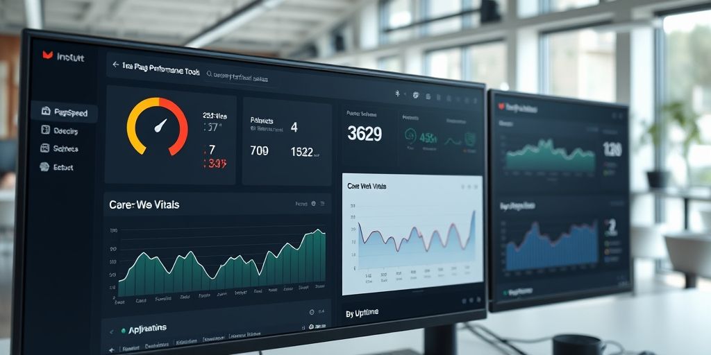 A detailed dashboard view of web performance tools showing PageSpeed scores, Core Web Vitals, and uptime graphs on multiple monitors, sleek dark UI, modern office environment