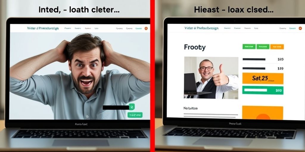 A split-screen image showing a frustrated user on a slow-loading WordPress site on the left, and a happy user on a fast, optimized WordPress site on the right, highlighting the difference in user experience.