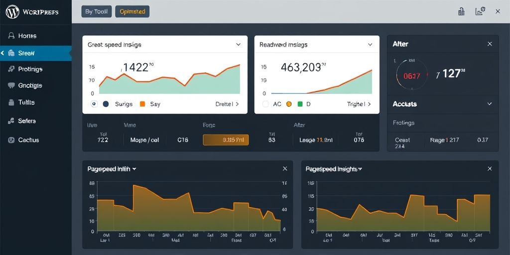 A detailed technical dashboard showing WordPress speed optimization tools like GTmetrix or Google PageSpeed Insights with before-and-after metrics displayed clearly.