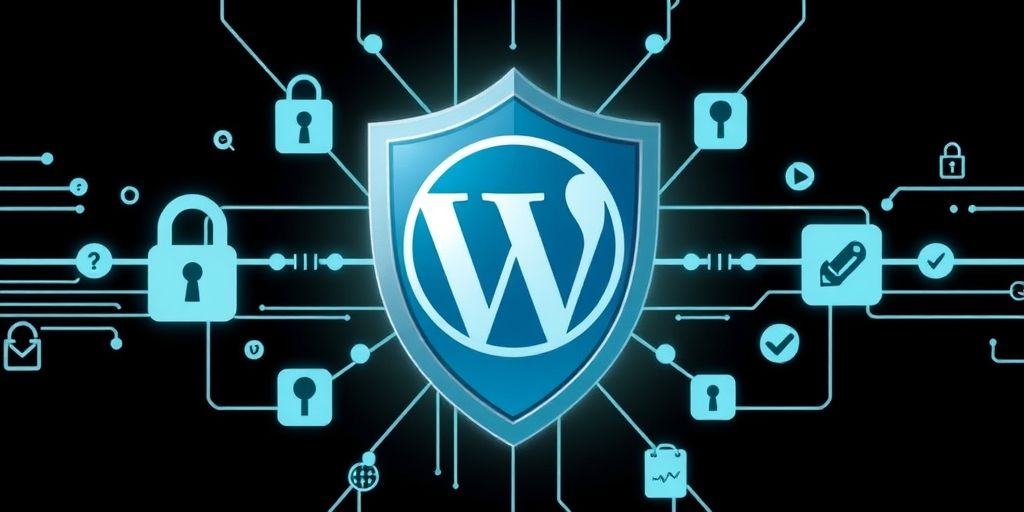 A shield icon protecting a WordPress logo, surrounded by security-related symbols like locks, keys, and checkmarks, conveying strong protection.