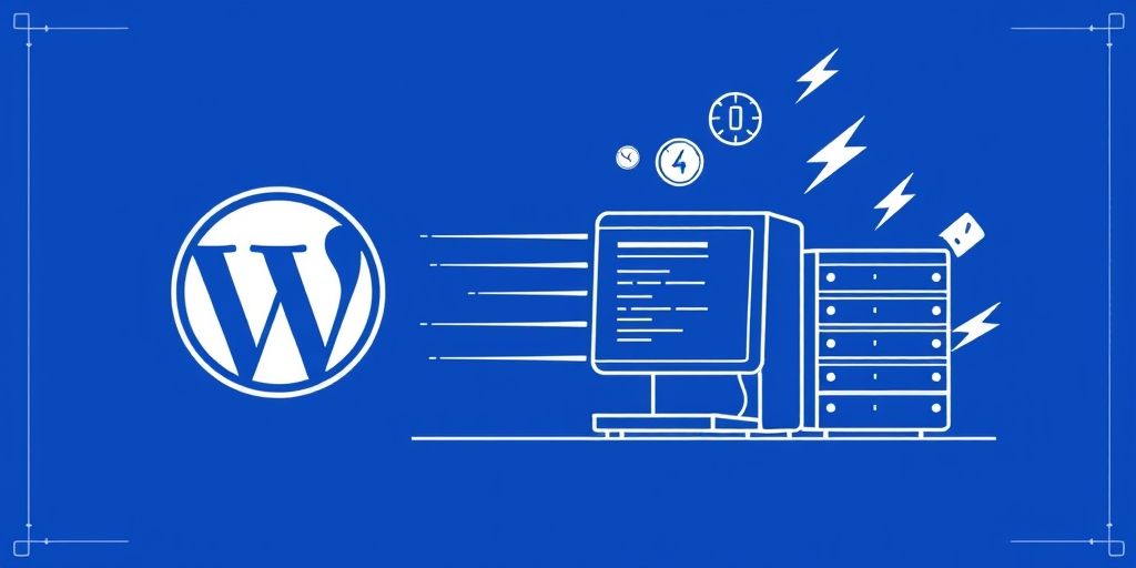 A blueprint-style illustration of a fast WordPress site with caching icons, server rack, and lightning bolts, bright blue and white, modern UX design, suggesting speed optimization concepts.