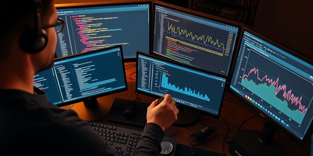 An overhead shot of a developer adjusting WordPress performance on multiple monitors, showing code, performance graphs, and a ticking stopwatch, warm studio lighting, conveying meticulous optimization and focus.