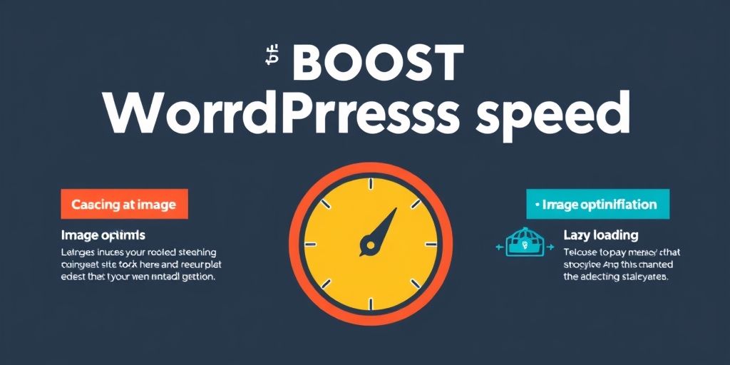 A vibrant infographic-style image illustrating steps to boost WordPress speed: caching, image optimization, minification, and lazy loading, with icons and clear labels, colorful but clean.