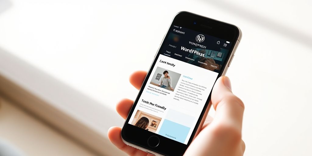 A modern mobile-first WordPress site on a smartphone, showing a responsive grid, legible typography, high-contrast colors, and touch-friendly UI in a clean, inviting design under soft daylight.