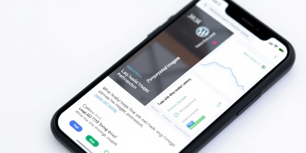 A speed-optimized mobile WordPress site on a smartphone, displaying lazy loading images, compressed assets, and a performance dashboard with fast loading times and clean visuals.