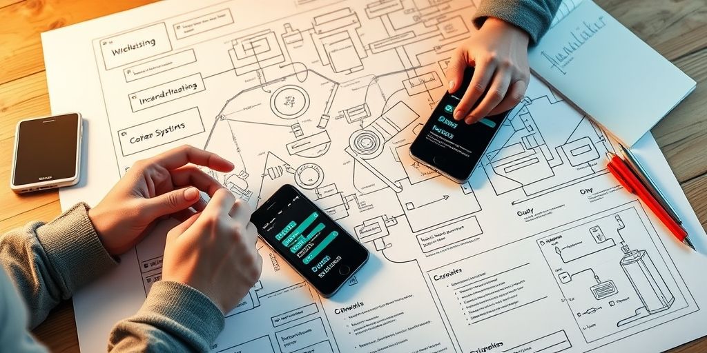 A comprehensive mobile optimization blueprint laid out on paper and digital devices, featuring checklists, code snippets, and collaborative notes in a warm, productive setting.