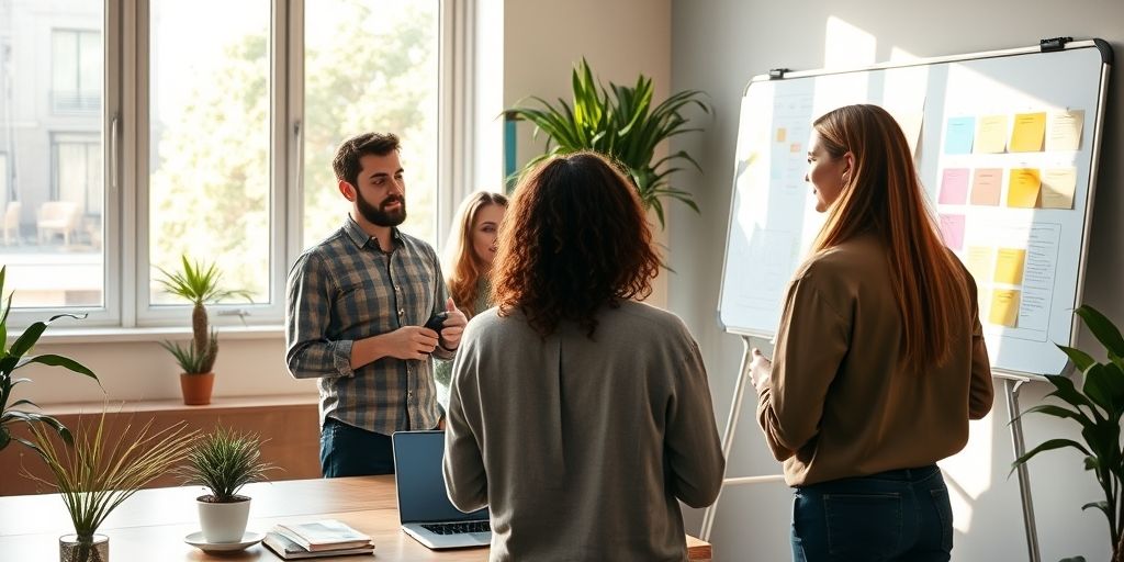A team of diverse founders in a bright coworking space, intensely discussing a startup pitch with colorful charts on a whiteboard, natural morning light, vibrant yet professional atmosphere conveying collaboration and innovation.