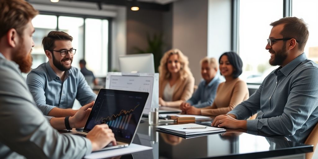 A close-up of an investor meeting with a founder presenting a business model on a laptop, graphs showing growth, and a diverse panel in a modern office, warm lighting, focused expressions, professional ambiance.