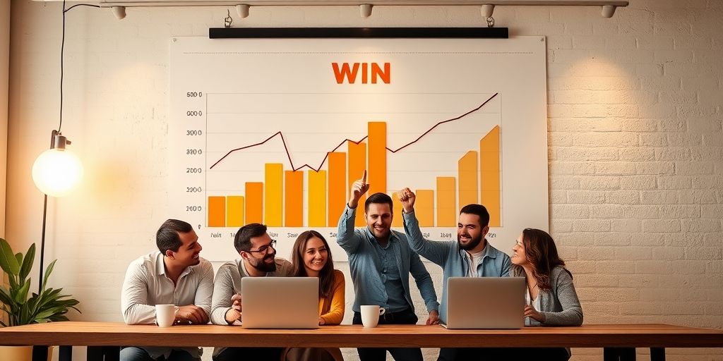 A bar chart on a wall with entrepreneurial team celebrating small win, coffee cups, laptops, warm glow, conveying momentum and trust.