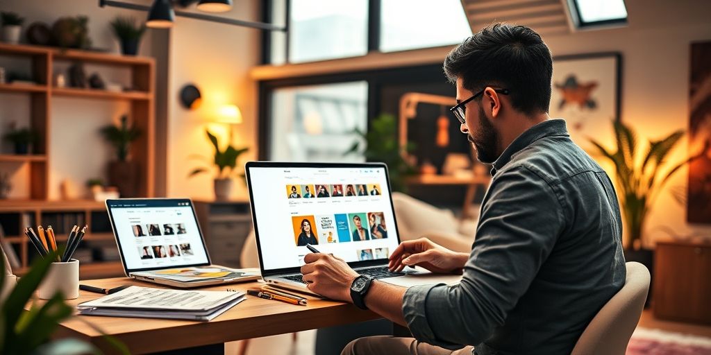 A modern design studio showing a designer sketching a responsive storefront on a laptop, WordPress dashboard open, vibrant UI mockups, Persian language elements, warm lighting.