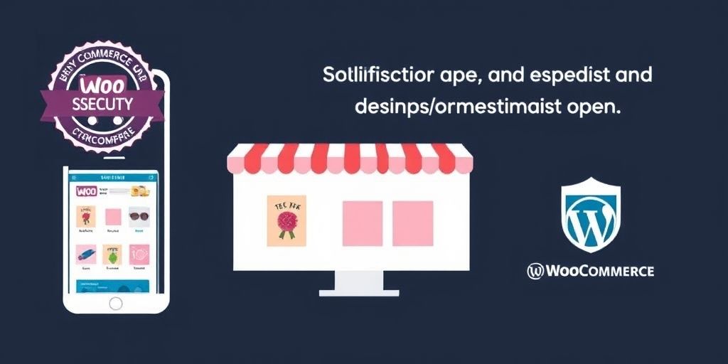 A crisp infographic displaying SEO, speed, and security optimizations for a WordPress storefront, mobile and desktop views, WooCommerce badge, clean typography.