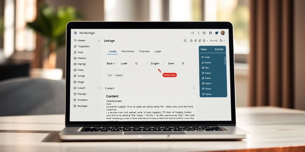 A modern WordPress-based multilingual interface on a laptop screen, showing a language switcher, translation workflow, and clean content editor, warm daylight, professional atmosphere.